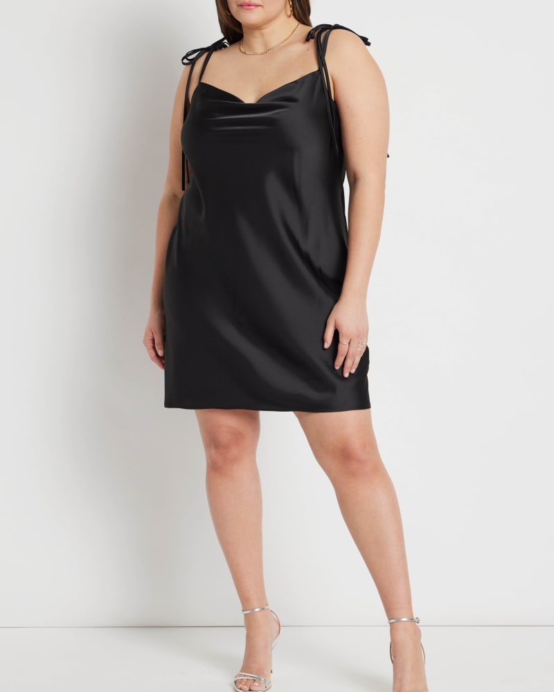 Front of a model wearing a size 14 Bailey Satin Slip Dress in Black by ELOQUII. | dia_product_style_image_id:217016